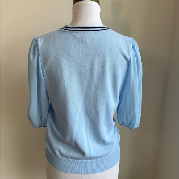 NANETTE LEPORE TIE NECK SWEATER SHEER PUFF SLEEVES LIGHT BLUE SMALL - Picture 4 of 9